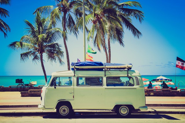 vw camper van in front of palm trees at beach